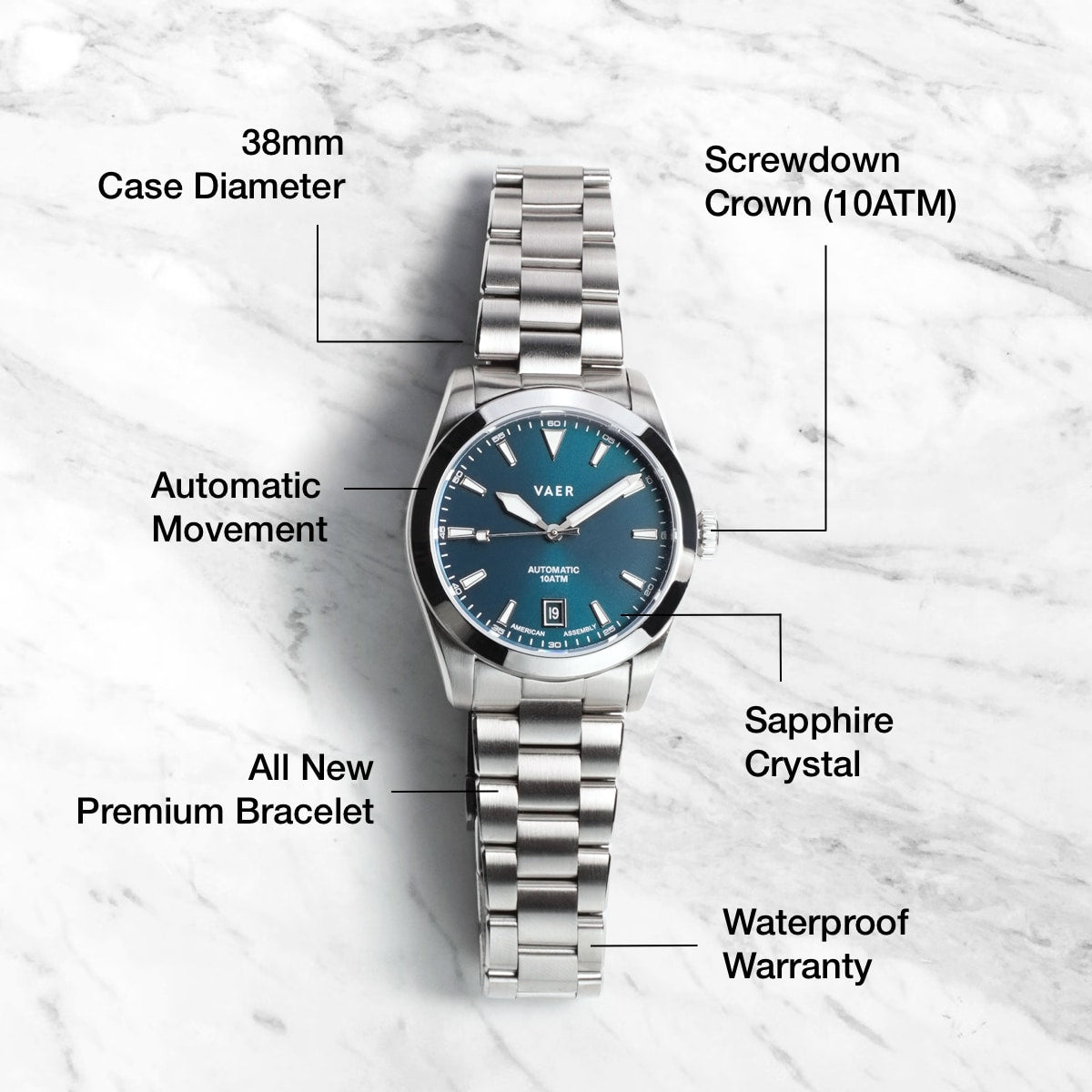 VAER | A5 Atlas Green: 38mm Automatic, 10ATM, USA Assembled