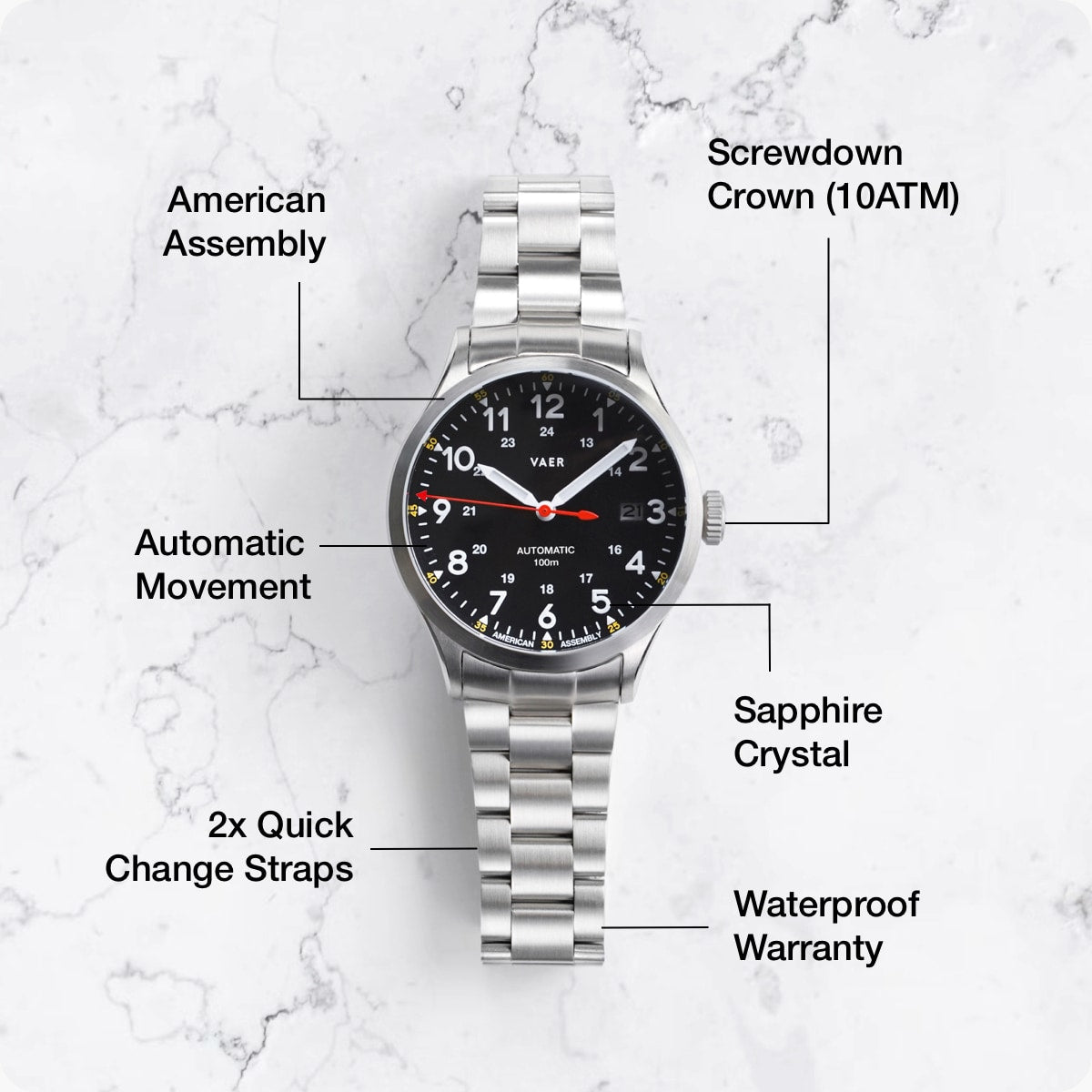 VAER | A5 Field Black: 10ATM, Sapphire Glass, USA Assembled