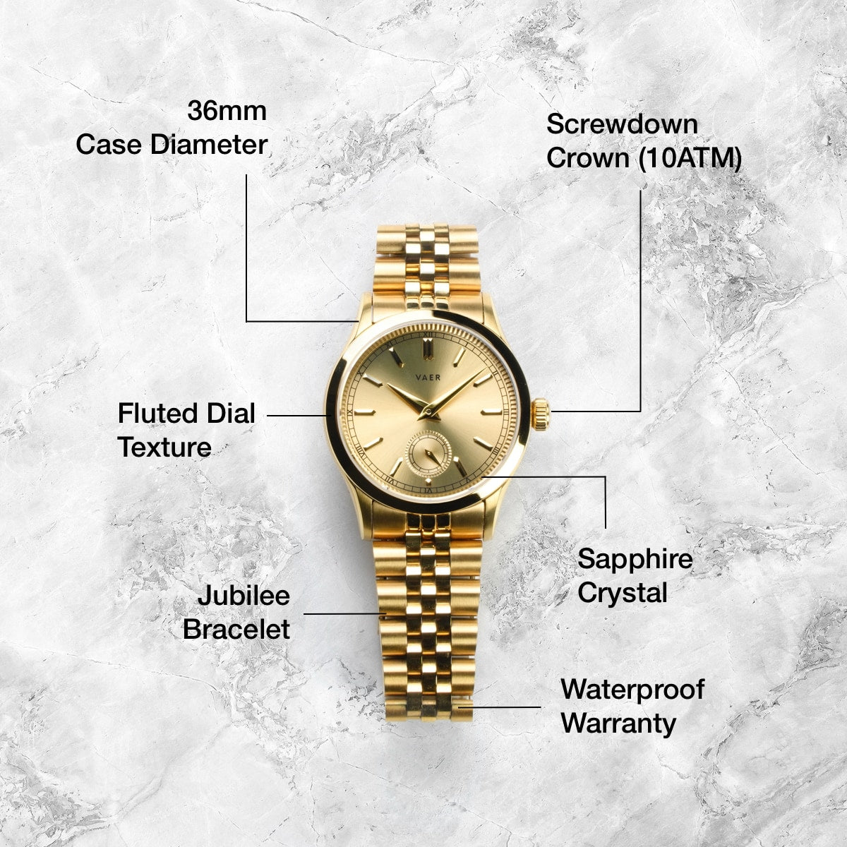 VAER | C1 Ceremony Gold Quartz: 10ATM, Sapphire Glass, 2x Straps