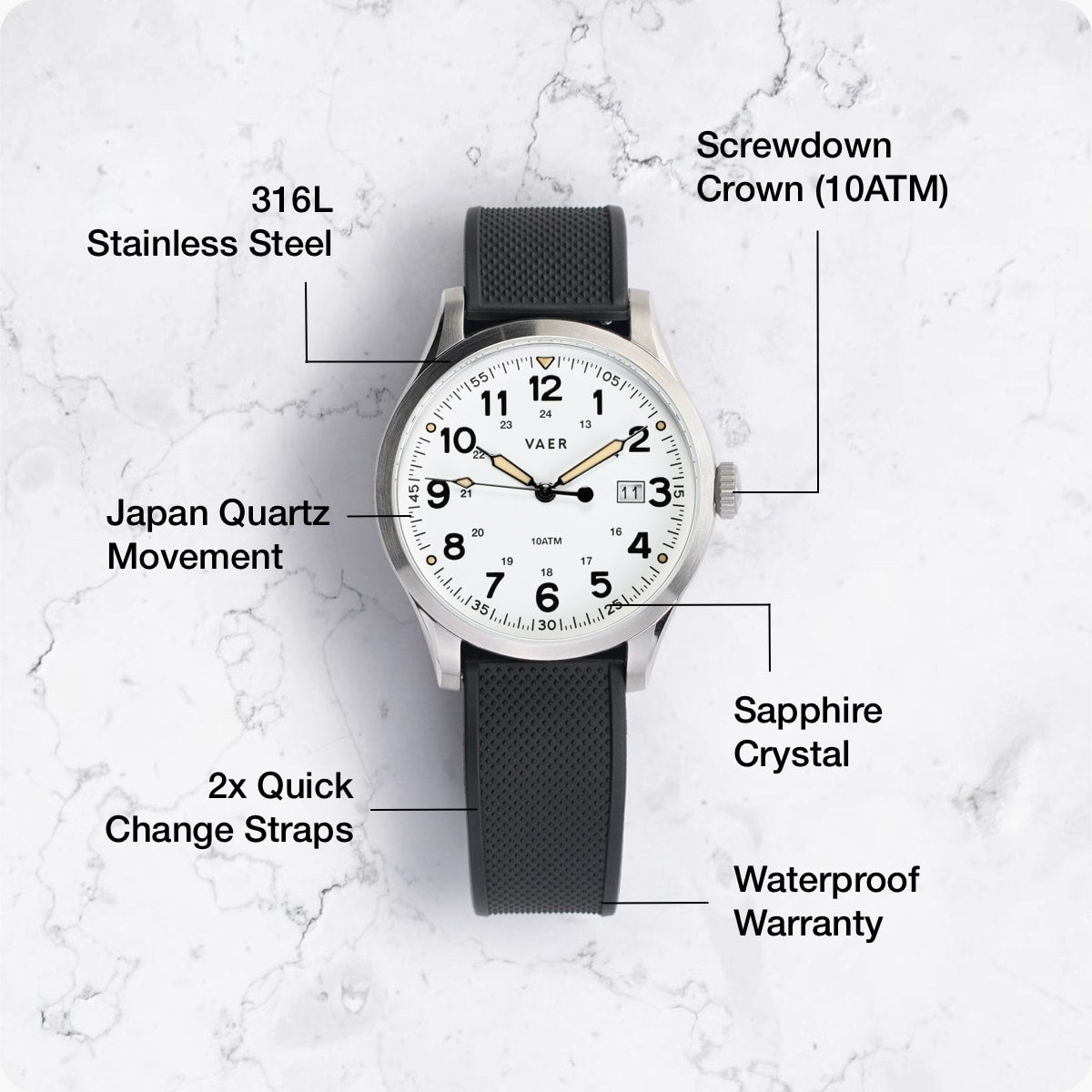VAER | S5 Field Black: 10ATM, Sapphire Glass, 2x Straps
